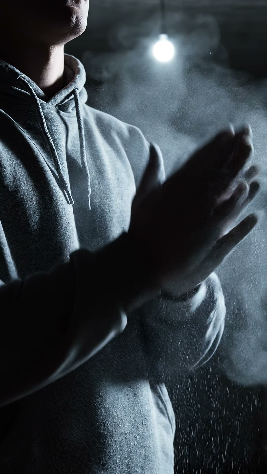 An athlete chalking their hands in a cold garage gym before a heavy set.