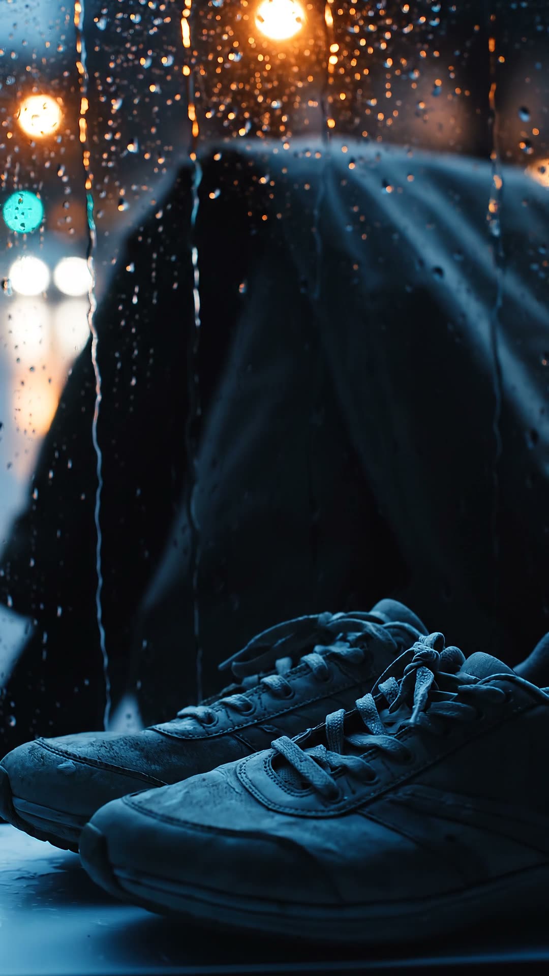 Rain on a window before dawn with training shoes waiting by the door.
